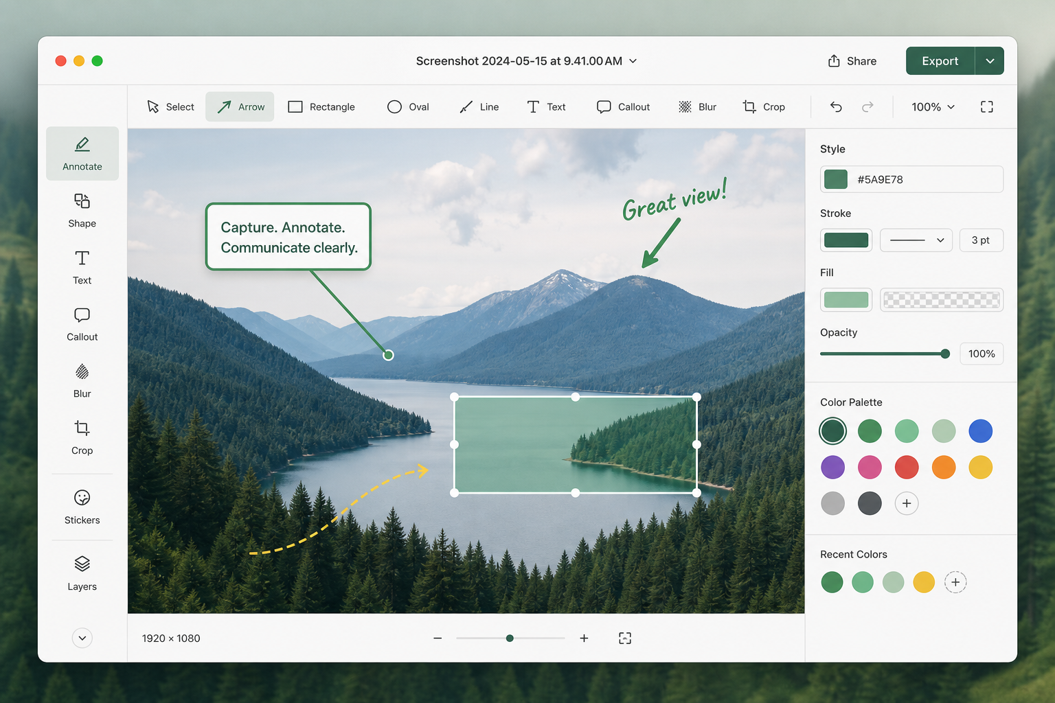 Screenshot and annotation application interface preview